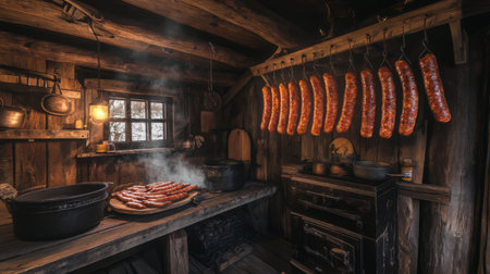 A rustic kitchen scene with homemade sausages hanging in a smokehouse, showcasing the traditional methods of sausage preparation and curing.の素材