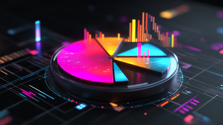 A rotating 3D pie chart with colorful, glossy slices, showing data analysis trends in a futuristic environment, with floating percentages and digital linesの素材