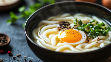A close-up of a bowl of udon soup with a soft-boiled egg on top, surrounded by fresh herbs and spices, highlighting the rich flavors and comforting texture of the dish.の素材