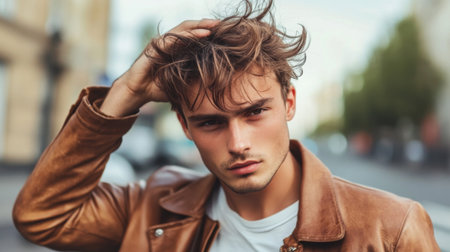 A young man running his fingers through his messy, tousled hairstyle, giving a relaxed, effortlessly stylish appearance.の素材