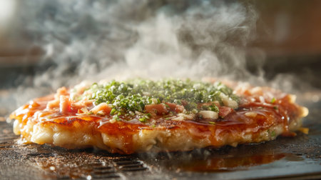 A close-up of a sizzling okonomiyaki on a hot grill, with steam rising and the vibrant ingredients visible, showcasing the texture and color of this savory Japanese pancake.の素材