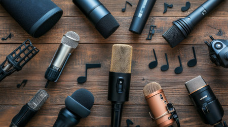 A creative flat lay of various types of microphones, including lapel, condenser, and dynamic, arranged on a wooden table with musical notes, showcasing their diversity in audio recording.の素材