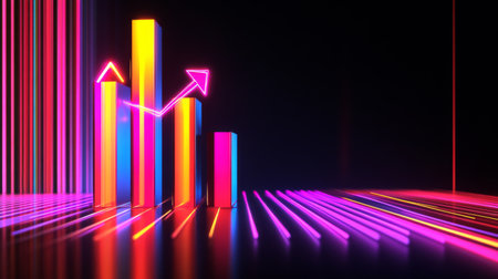 A dynamic 3D bar chart in bright neon colors, showing a positive data trend, with arrows and percentages, placed on a black background for a high-tech look.の素材