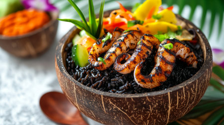 A delightful serving of black ink rice in a coconut shell, topped with grilled squid and colorful vegetables, evoking a tropical feel against a light background.の素材
