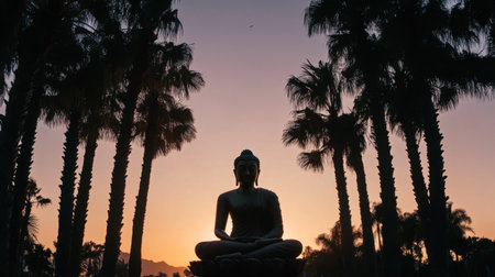A close-up silhouette of a seated Buddha in meditation, framed by palm trees, highlighting the tranquil connection between nature and spirituality at dusk.の素材