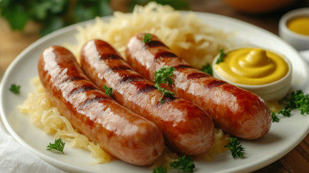 A delicious plate of sausages served with sauerkraut and mustard, styled elegantly for a traditional German meal, appealing to food lovers.の素材