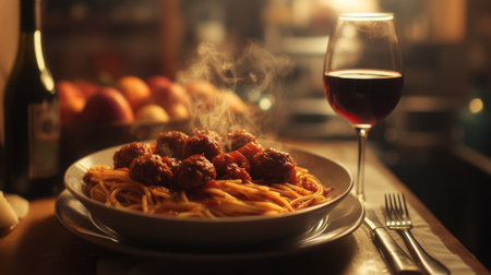 A cozy dinner setting with a steaming bowl of spaghetti and meatballs on the table, accompanied by a glass of red wine, capturing the essence of Italian diningの素材