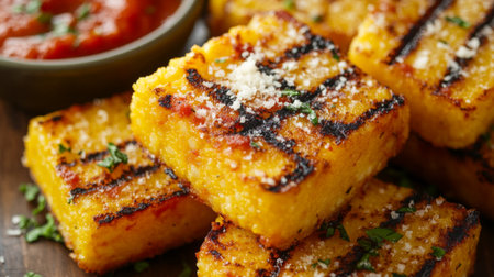 A close-up shot of grilled polenta slices, golden and crispy on the outside, served with a side of marinara sauce and a sprinkle of grated Parmesan cheese, highlighting its deliciousness.の素材