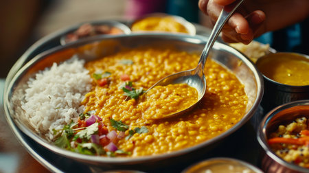 A close-up shot of dal being ladled into a traditional Indian thali, showcasing the vibrant orange-yellow hue and texture, accompanied by various side dishes and condiments.の素材
