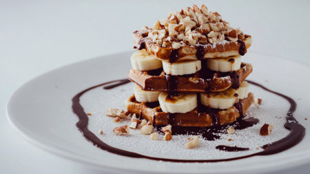 A creative presentation of waffles layered with chocolate sauce, banana slices, and crushed nuts, displayed on a white plate with a white background for a clean lookの素材