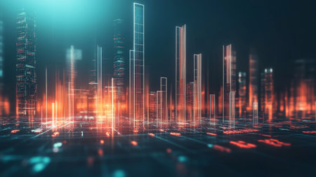 A modern 3D bar graph with tall, transparent bars, displayed against a dark background with glowing lines and data labels, representing financial growth statistics.の素材