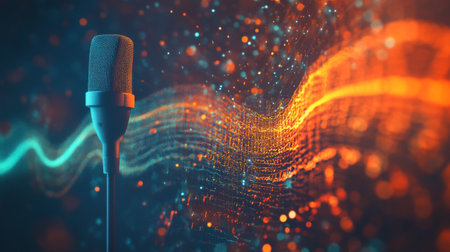 A graphic representation of sound waves emanating from a microphone, illustrating the concept of audio recording and sound design in a visually engaging wayの素材