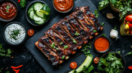 A creative flat lay of grilled pork ribs accompanied by dipping sauces, sliced vegetables, and fresh herbs, perfect for a gourmet food presentation.の素材