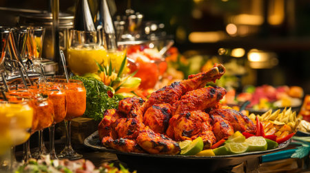 A festive celebration featuring a large serving of tandoori chicken as the centerpiece of a buffet, surrounded by colorful dishes and drinks, evoking a warm and inviting vibe.の素材