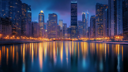 A nighttime cityscape featuring illuminated skyscrapers, with reflections in the water of a nearby river or lake, creating a stunning visual of urban beauty after dark.の素材