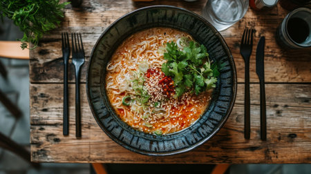 A rustic wooden table set for a meal with a large bowl of spicy ramen, garnished with chili oil, sesame seeds, and fresh herbs, evoking a cozy and inviting dining experienceの素材