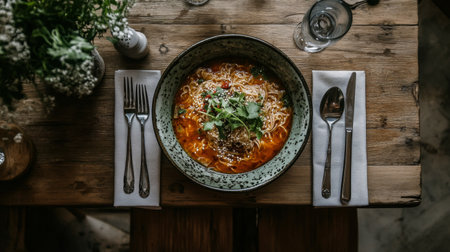 A rustic wooden table set for a meal with a large bowl of spicy ramen, garnished with chili oil, sesame seeds, and fresh herbs, evoking a cozy and inviting dining experienceの素材