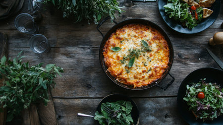 A rustic wooden table set for a meal with a steaming hot pan of lasagna, fresh herbs scattered around, and a side of crisp salad, evoking a warm and inviting dining experience.の素材