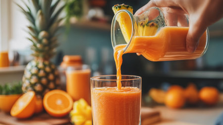 A hand pouring a bright orange tropical smoothie into a glass, with pineapple slices and oranges in the background, creating a refreshing summer vibeの素材