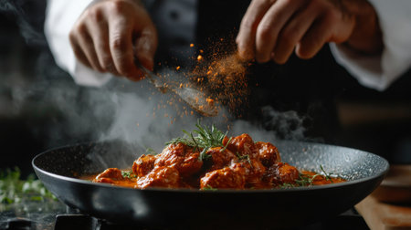 A dynamic shot of a chef expertly preparing chicken tikka masala in a sizzling pan, with spices and herbs being added, capturing the art of Indian cooking.の素材