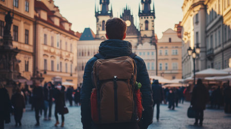 A solo traveler walking through a vibrant city square, backpack on, exploring new places, surrounded by historic buildings and busy localsの素材