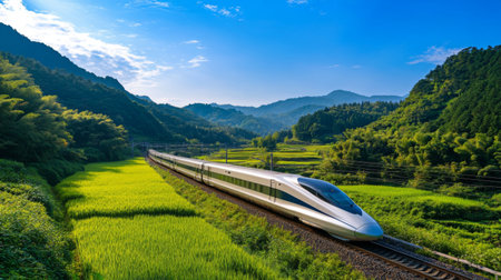 A sleek high-speed train gliding through lush countryside, showcasing its aerodynamic design and speed, with vibrant greenery in the foreground and a clear blue sky above.の素材