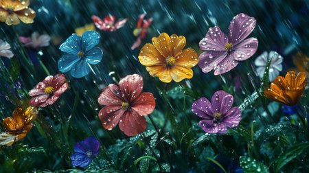 A stunning arrangement of colorful wildflowers in a field after rain, with droplets on the petals and leaves, capturing the essence of nature's beauty and rejuvenation.の素材
