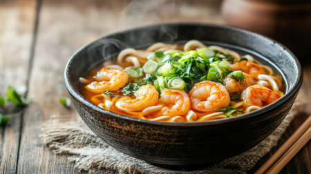 A steaming bowl of udon noodles topped with fresh vegetables, sliced tempura shrimp, and green onions, served in a rich broth, placed on a rustic wooden table.の素材
