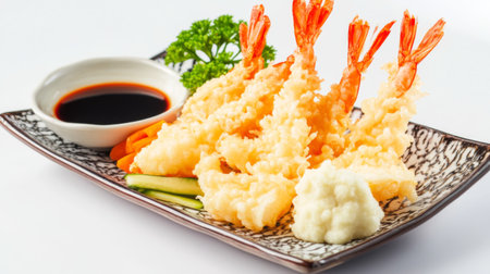 A stylish platter of tempura with shrimp, vegetables, and dipping sauce, elegantly arranged on a white background, showcasing the dish's appealing colors and textures.の素材