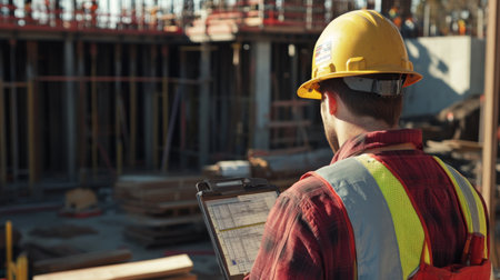 A site engineer analyzing structural integrity on-site, with measuring tools and safety gear, capturing the essence of precision and responsibility in construction projects.の素材