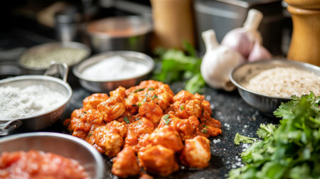 A traditional Indian kitchen scene featuring ingredients for chicken tikka masala laid out on the counter, with marinated chicken pieces ready for cooking, emphasizing preparation.の素材