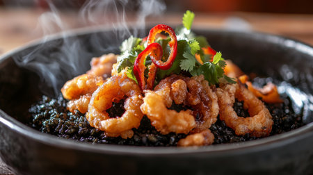 A steaming bowl of black ink rice, topped with fried calamari and a drizzle of spicy sauce, garnished with fresh cilantro and chili slices, highlighting its rich flavors.の素材