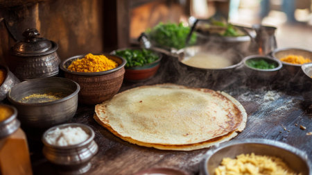 A traditional Indian kitchen scene featuring the dosa batter being prepared, with ingredients laid out and the cooking process in action, showcasing the homemade aspect.の素材