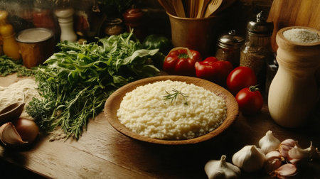 A traditional Italian kitchen scene with ingredients for risotto laid out, including Arborio rice, broth, vegetables, and herbs, highlighting the preparation process and ingredientsの素材
