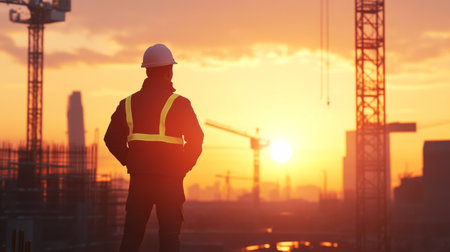 A sunset scene on a construction site with a site engineer standing confidently, looking over the progress made, symbolizing dedication and hard work in engineering.の素材