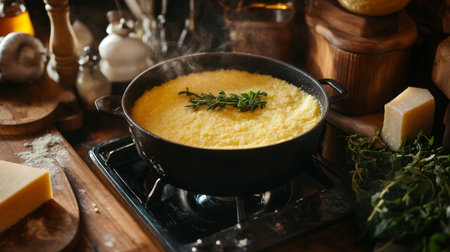A traditional Italian kitchen scene with a pot of polenta simmering on the stove, fresh herbs and cheese nearby, highlighting the preparation process and ingredients usedの素材