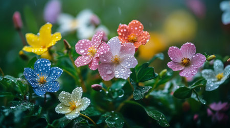 A stunning arrangement of colorful wildflowers in a field after rain, with droplets on the petals and leaves, capturing the essence of nature's beauty and rejuvenation.の素材