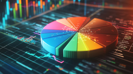 A sleek financial pie chart with colorful segments representing investment portfolios, set against a digital background with financial data, graphs, and stock market indicators.の素材