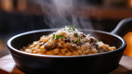 A steaming bowl of creamy risotto garnished with fresh herbs, saut mushrooms, and a sprinkle of Parmesan cheese, showcasingの素材