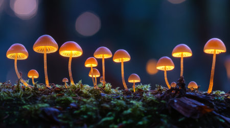 A time-lapse image showing the progression of mushrooms glowing in the dark, capturing the transformation from ordinary to extraordinary as night falls.の素材