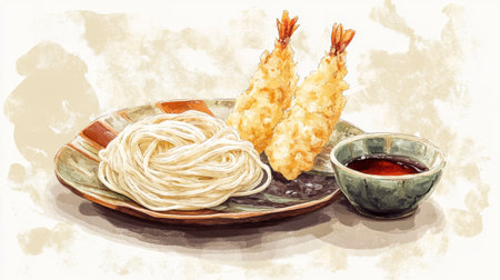 A traditional Japanese udon dish served with a side of crispy tempura and dipping sauce, beautifully arranged on a decorative plate against a light background.の素材