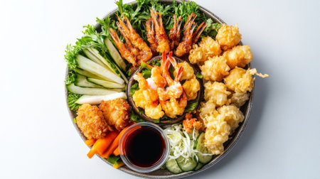 A stylish platter of tempura with shrimp, vegetables, and dipping sauce, elegantly arranged on a white background, showcasing the dish's appealing colors and textures.の素材