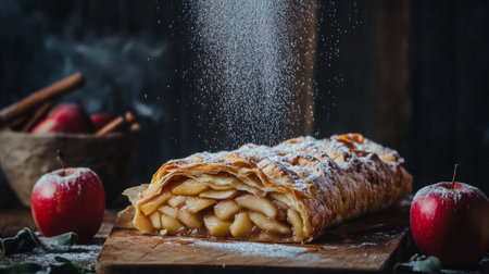 A traditional Austrian apple strudel sliced open to reveal juicy, cinnamon-spiced apple filling, topped with a light sprinkle of powdered sugar on a rustic table.の素材