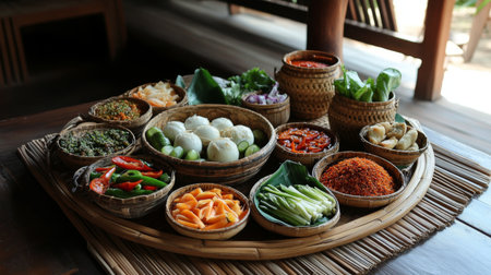 A traditional Thai dining setting featuring with various side dishes, including chili paste and fresh vegetables, all beautifully presented on a bamboo mat.の素材