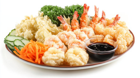 A stylish platter of tempura with shrimp, vegetables, and dipping sauce, elegantly arranged on a white background, showcasing the dish's appealing colors and textures.の素材