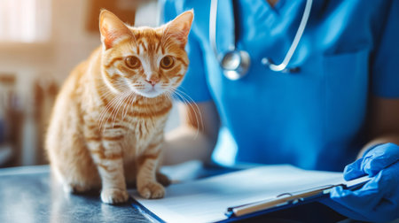 A veterinary technician taking notes while observing a veterinarian performing an examination on a small animal, showcasing the collaborative effort in a clinical setting.の素材