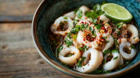 A vibrant bowl of topped with fresh squid, garnished with herbs and lime wedges, served on a rustic wooden table for an authentic feelの素材