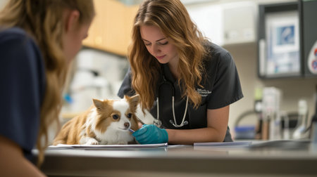 A veterinary technician taking notes while observing a veterinarian performing an examination on a small animal, showcasing the collaborative effort in a clinical setting.の素材