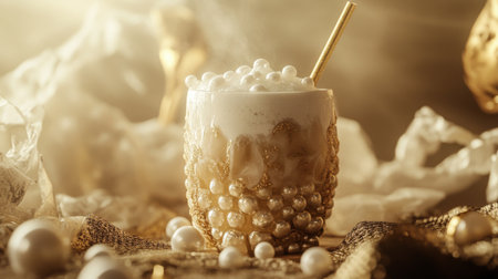 A unique perspective of a bubble tea cup placed on a textured surface, with pearls and straw artistically arranged around it, emphasizing the aesthetic appeal of this popular drink.の素材