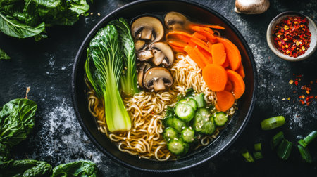 A vibrant bowl of vegan ramen, featuring colorful vegetables like bok choy, mushrooms, and carrots, served in a rich vegetable broth, showcasing the healthiness and freshness of the dish.の素材